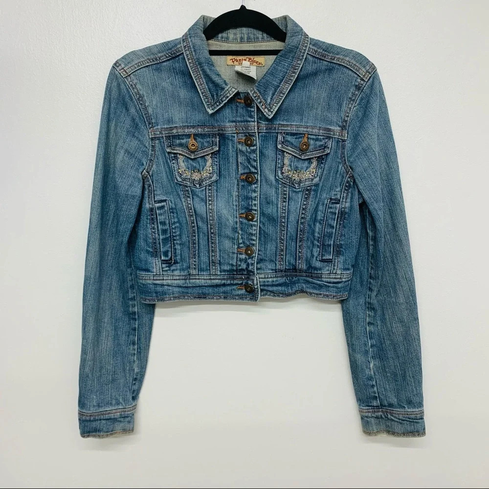 Crop Denim Jacket Woman Medium Y2K Blue Embroidery Beads Boho Western Paris Blue